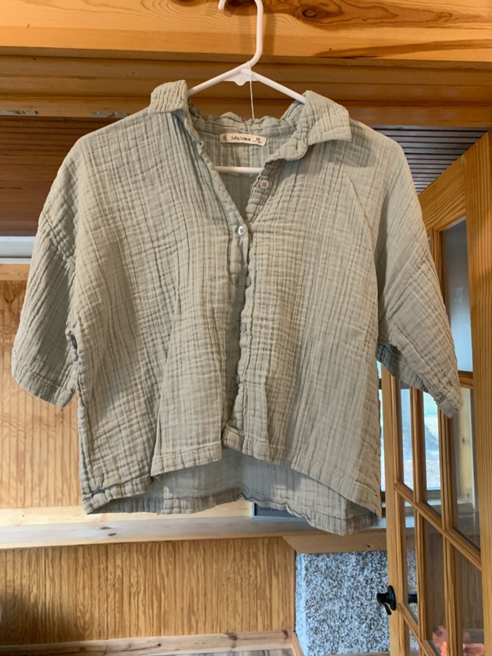 Women’s Salty Lemon Gauzy Muslin Cotton Sage Green Button Down Crop Shirt M